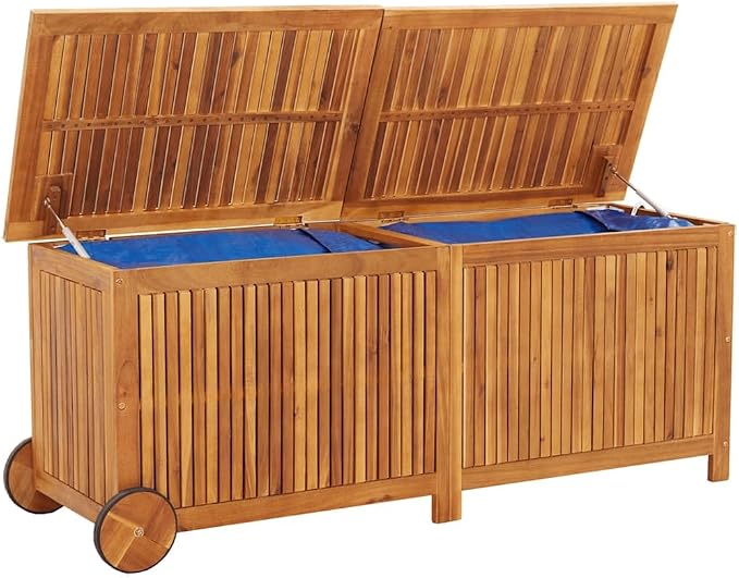 Solid Acacia Wood Garden Storage Box, Outdoor Patio Deck Bin with Wheels, Large Waterproof Container for Cushions, Toys, Pool Supplies, 59.1 x 19.7 x 22.8 Inches