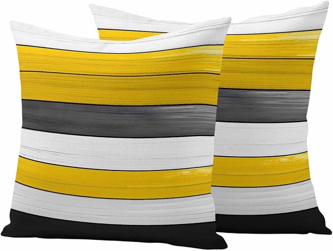 Yellow Black Outdoor Pillow Covers 20"x20" Set of 2, Striped Gradient Wood Grain Modern Art Waterproof Throw Pillow Covers for Patio Furniture, Decorative Cushion Covers for Porch