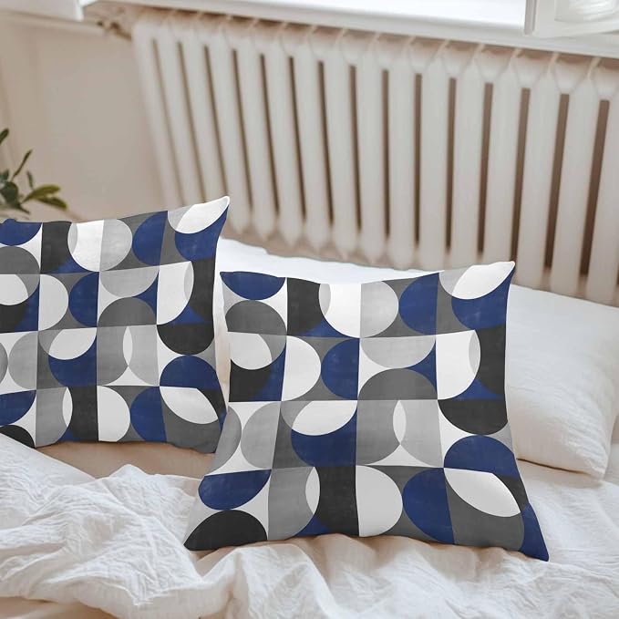 Vandarllin Outdoor Throw Pillows Covers 18x18 inch Set of 2 Waterproof Modern Blue Gray Geometric Decorative Zippered Cushion Covers for Patio Furniture, Abstract Mid Century Lumbar Pillowcases