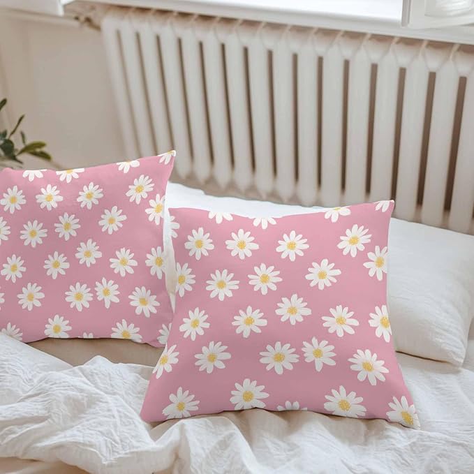 Throw Pillow Covers 24x24 Inch Set of 2, White Pink Daisy Waterproof Outdoor Pillow Covers, Spring Summer Floral Farmhouse Decorative Cushion Pillowcases for Couch, Sofa, Bed, Garden, Patio