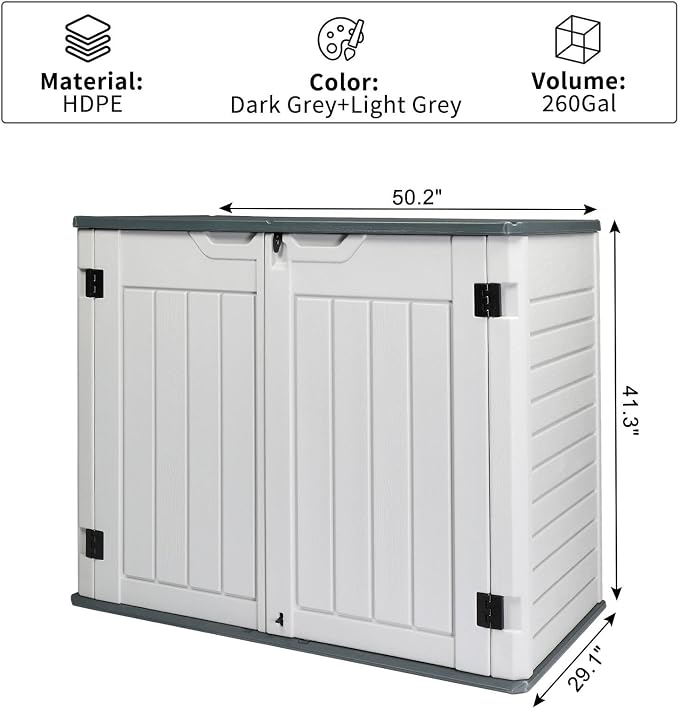 Large Outdoor Storage Box, 260 Gal Deck Box with 2 Doors, Patio Storage Box Storage Cabinet for Outdoor Furniture Gardening Tools Pool Supplies 50'' x 29'' x 41'' Easy Assembly (Grey&White)