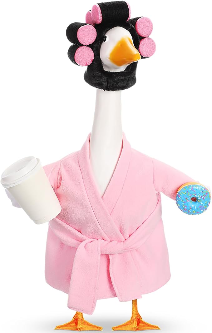 Shyyween Lady Porch Goose Outfits for 23'' Cement Plastic Geese Summer Statue Clothes Pink Bathrobe Coffee Cup Curlers for Outdoor Garden Lawn Yard Patio Decoration