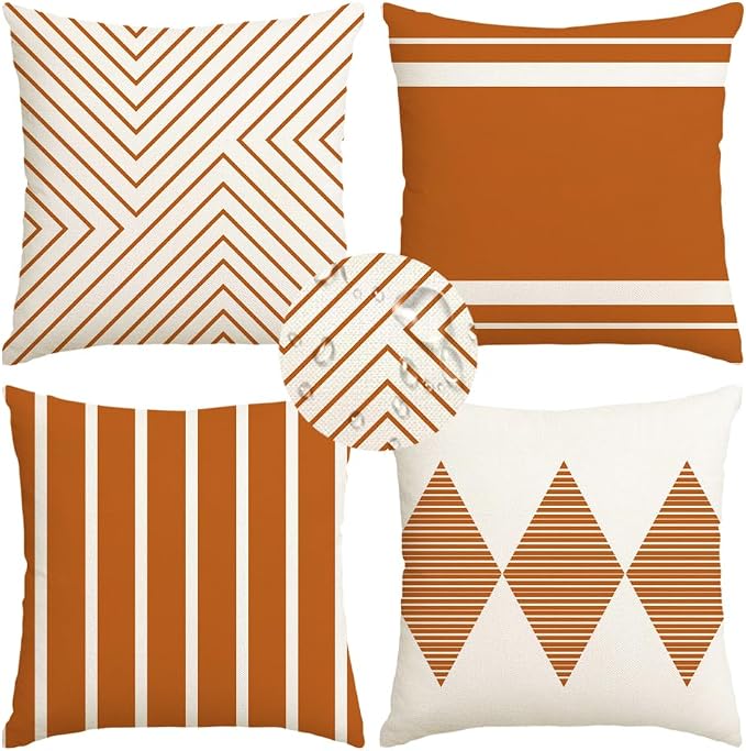 Outdoor Pillows Covers 18x18 Waterproof,Orange and Beige Set of 4(No Insert | for Covered Patio Furniture Couch Sunbrella,No Insert Just Covers,Fit 18x18 inch Inserts or Smaller,Durable Polyester,Boho