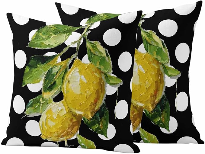 Waterproof Pillow Covers Set of 2,Farmhouse Yellow Lemon Green Leaf Outdoor Pillow Protectors with Zipper Pillowcases for Patio Tent Garden Beach 18x18 Inches Black White Polka Dot