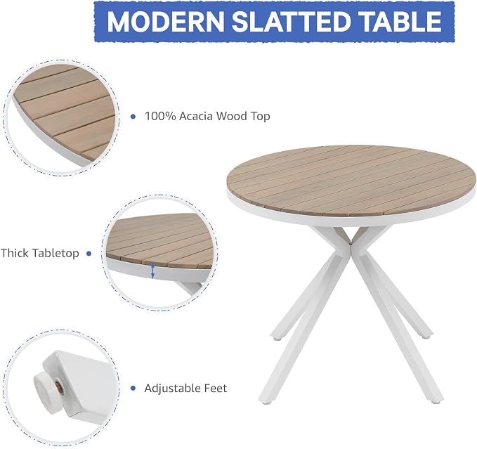 SUNSITT 5 Piece Outdoor Dining Set, Metal Patio Furniture Dining Set with Acacia Wood Top Dining Table and 4 Woven Rope Patio Chairs w/Cushions for Yard, Garden, White