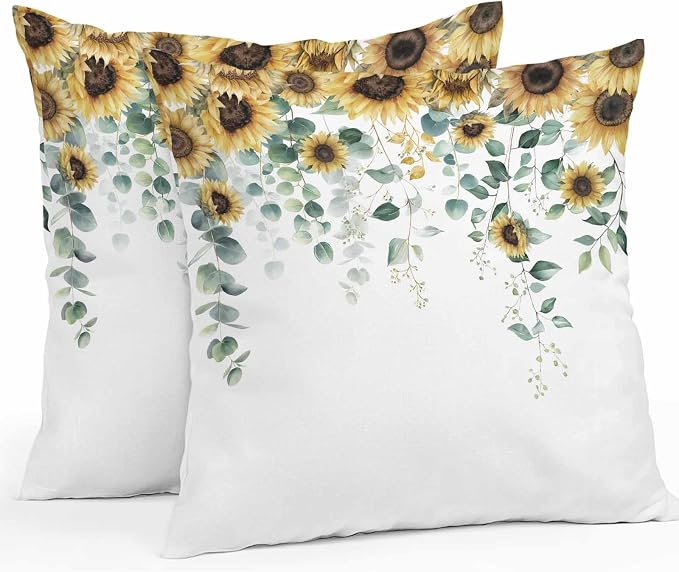 Vandarllin Outdoor Throw Pillows Covers 26x26 inch Set of 2 Waterproof Green Eucalyptus Leaves Decorative Zippered Cushion Covers for Patio Furniture, Watercolor Sunflower Lumbar Pillowcases