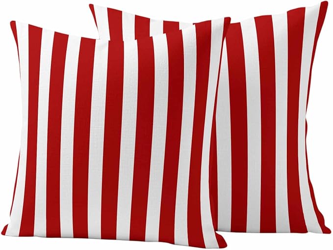 Red Striped Outdoor Waterproof Throw Pillow Covers 24x24 Set of 2, Christmas Farmhouse Red White Stripes Decorative Pillowcases Cushion Pillowcase for Couch Sofa Patio Outside Pillow Protector