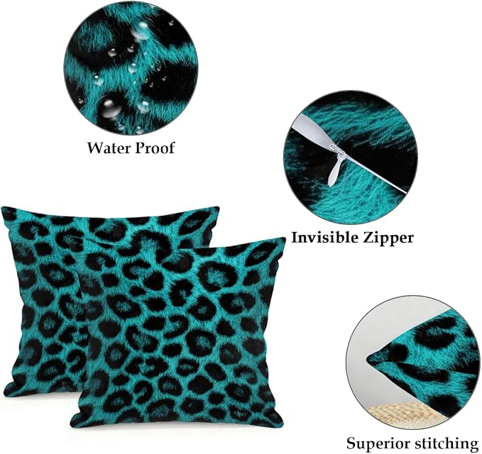 16x16 Inch Outdoor Pillow Covers Set of 2 Waterproof Throw Pillow Covers Decorative Couch Cushion Covers Leopard Skin Turquoise Square Pillowcases Protectors for Patio Garden Sofa