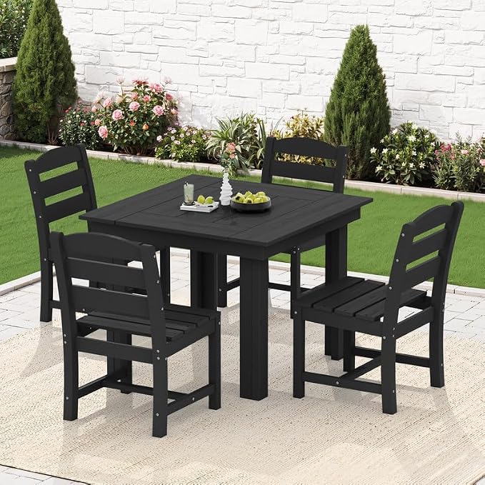 KINGYES 5-Piece HDPE Outdoor Dining Set for 4, Square Patio Table & Armless Chairs with Umbrella Hole, All-Weather Patio Dining Set for Backyard, Garden, Lawn & Poolside, Black