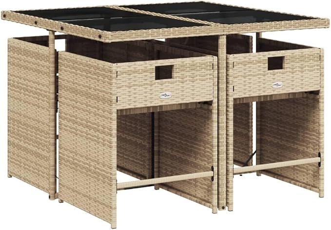 5-Piece Patio Dining Set with Cushions Beige Poly Rattan Outdoor Furniture Set for Backyard, Balcony, Porch - Tempered Glass Table & Foldable Chairs