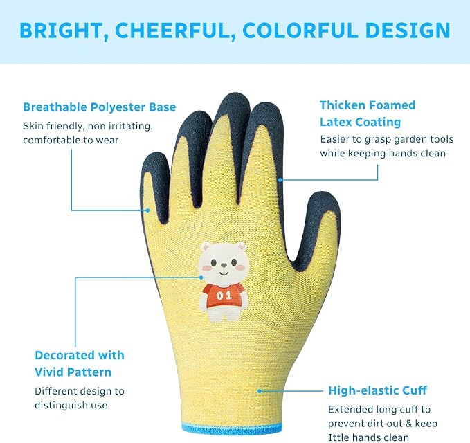 Ainiv 3 Pairs Kids Gardening Gloves Thorn Proof | Soft Rubber Coated Kids Work Gloves with Grippy Gardening Gift