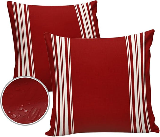 Vandarllin Outdoor Throw Pillows Covers 26X26 Set of 2 Waterproof Burgundy Red Stripe Decorative Zippered Lumbar Cushion Covers for Patio Furniture, French Stripe Farmhouse Style