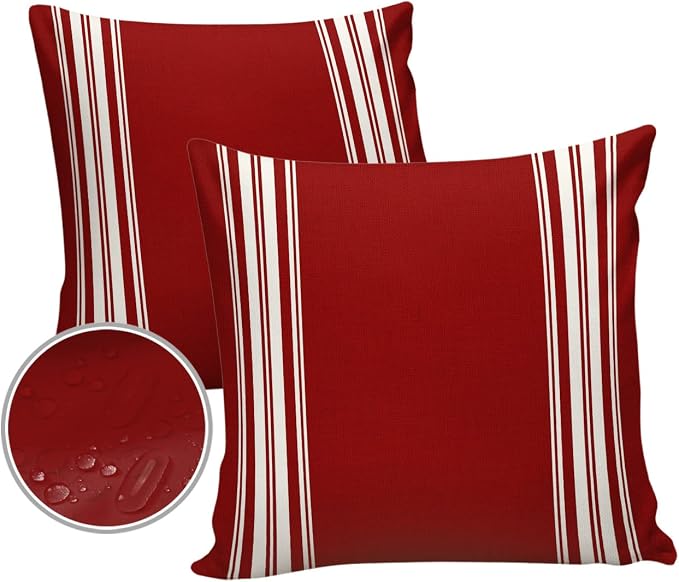 Vandarllin Outdoor Throw Pillows Covers 24X24 Set of 2 Waterproof Burgundy Red Stripe Decorative Zippered Lumbar Cushion Covers for Patio Furniture, French Stripe Farmhouse Style
