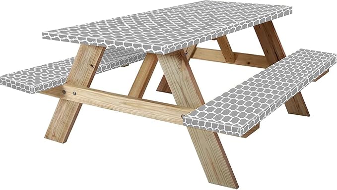 KENOBEE 8ft Picnic Table and Bench Cover, Camping Essentials RV Gear, 96 in Waterproof Windproof Outdoor Elastic All Around Tablecloth, Fitted Rectangle Tables and Seats, Gray-White Moroccan