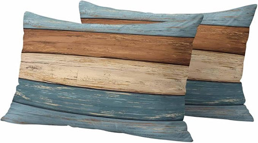 Farmhouse Blue Brown Outdoor Waterproof Pillow Covers, Vintage Wooden Striped Decorative Rectangle Throw Pillowcase Sofa Cushion Sham for Patio/Couch/Chair, 20"x12" 2 Pack