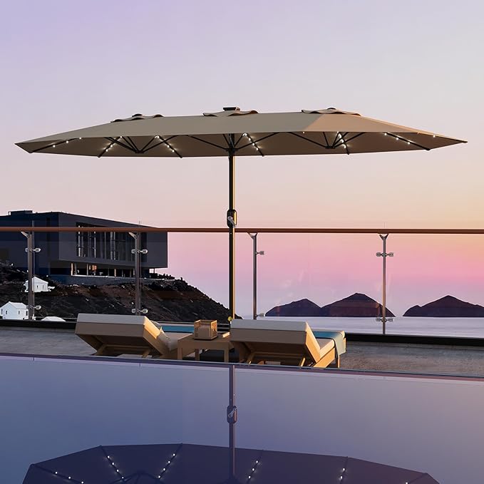 Garvee 15FT Rectangular Patio Umbrella with Solar Lights & Base Included - Large Patio Umbrella with Crank Handle 48 LED Lights, UV Protection for Outdoor Market, Backyard, Deck, Poolside, Khaki
