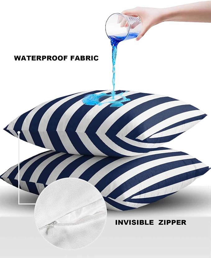 Outdoor Waterproof Throw Pillow Covers 24x24in, Striped Line Cushions for Garden Patio Furniture Chairs Set of 2, Navy Blue White Home Decor Couch Sofa Polyester Pillow Cases