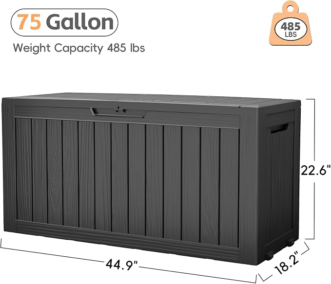 LubanNese Outdoor Storage Box, Waterproof Deck Box, Outdoor Patio Storage Bin, Weatherproof (Black, 75 Gallon)