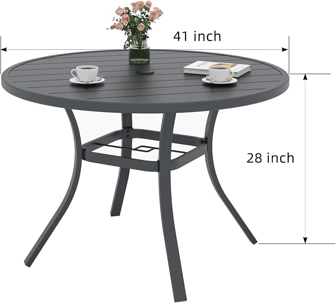 Patio Dining Set, 41" Outdoor Metal Table and 4PCS Aluminum Chairs | Round Patio Table, 1.6" & 1.9" Adjustable Umbrella Hole, Patio Dining Chair with Resin Seat and Aluminum Frame