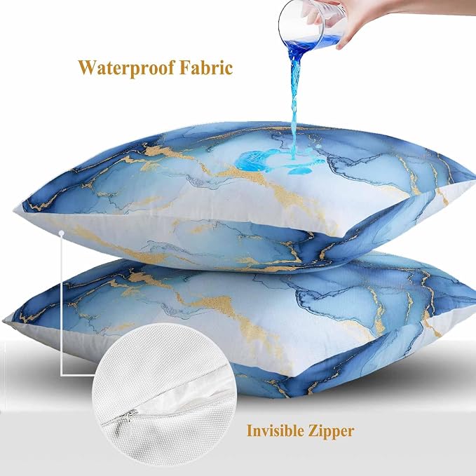 Abstract Marble Texture Outdoor Waterproof Throw Pillow Covers Set of 2, 26"x26", Gold Blue Gradient Modern Art Decoration Decorative Pillow Covers Outside Cushion Case for Patio Porch Garden