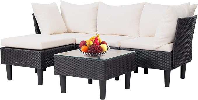5 Pieces Patio Furniture Sets Outdoor Sectional Sofa Rattan Chair Wicker Conversation Set for Outdoor Backyard Porch Poolside Balcony Garden Furniture with Coffee Table,Khaki Cushion