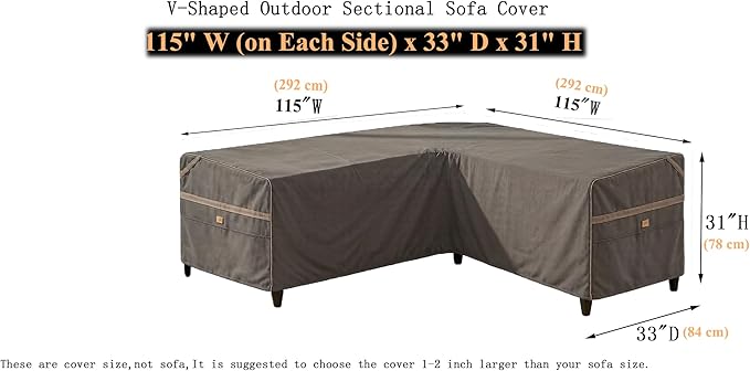 Heavy Duty Waterproof Outdoor V-Shaped Sectional Sofa Cover UV Resistant Patio Furniture Covers 115" W (on Each Side) x 33" D x 31" H Dark Grey