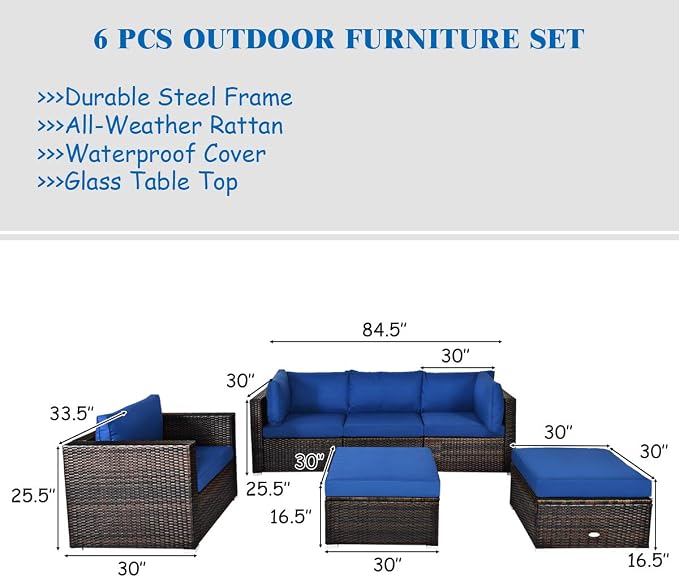 Tangkula 6 Pieces Wicker Patio Furniture Set, PE Rattan Outdoor Sectional Conversation Set with Glass Coffee Table & Ottoman, Wicker Sofa Set with Cushions for Yard Garden, Deck, Porch, Navy