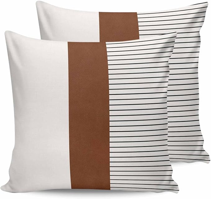 Outdoor Waterproof Throw Pillow Covers 24x24in, Farmhouse Mid Century Cushions for Garden Patio Furniture Chairs Set of 2, Boho Stripes Texture Home Decor Couch Sofa Polyester Pillow Cases