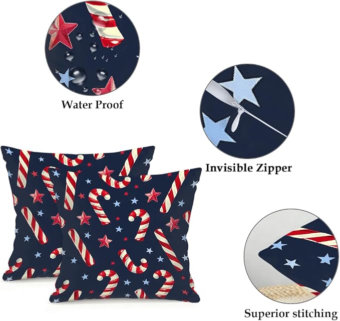 18x18 Inch Outdoor Pillow Covers Set of 2 Waterproof Throw Pillow Covers Decorative Couch Cushion Covers Christmas Candy Star Square Pillowcases Protectors for Patio Garden Sofa