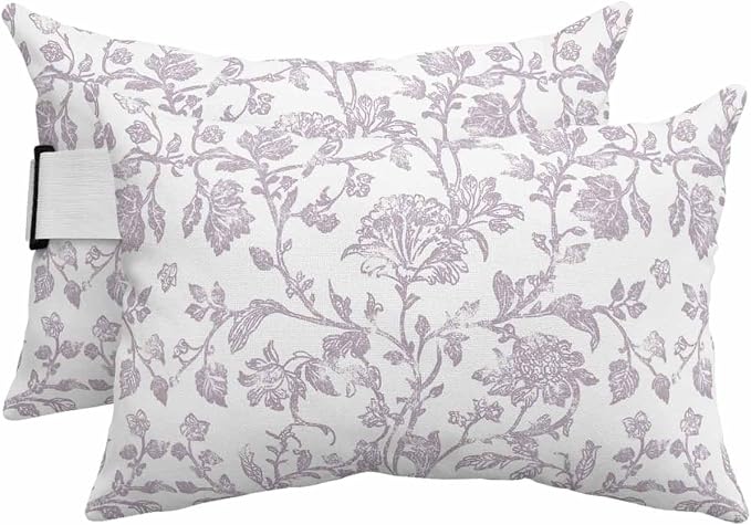 Pack of 4 Outdoor Lumbar Pillow Covers 12x20 Inch, Spring Flower Waterproof Throw Pillow Covers Set, Vintage Farmhouse Light Purple Boho Leaf Indoor&Outdoor Cushion Cases for Patio Porch Beach