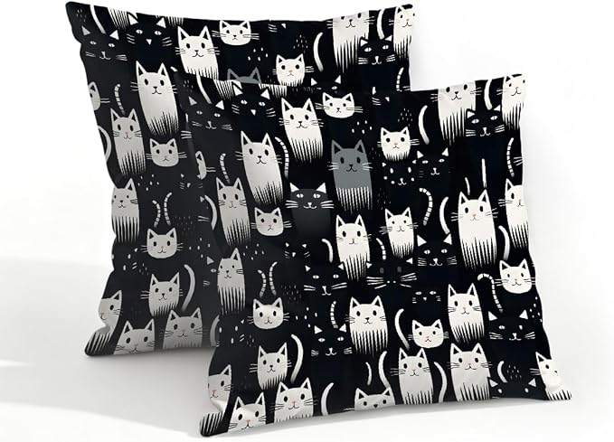 18x18 Inch Outdoor Pillow Covers Set of 2 Waterproof Throw Pillow Covers Decorative Couch Cushion Covers Cats Black White Square Pillowcases Protectors for Patio Garden Sofa