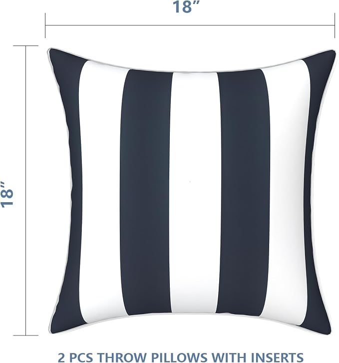 LVTXIII Outdoor Throw Pillows 18x18 Patio Waterproof Square Pillows with Piping Fade Resistant Accent Pillow for Spring Summer Garden Decoration, Set of 2, Cabana Navy