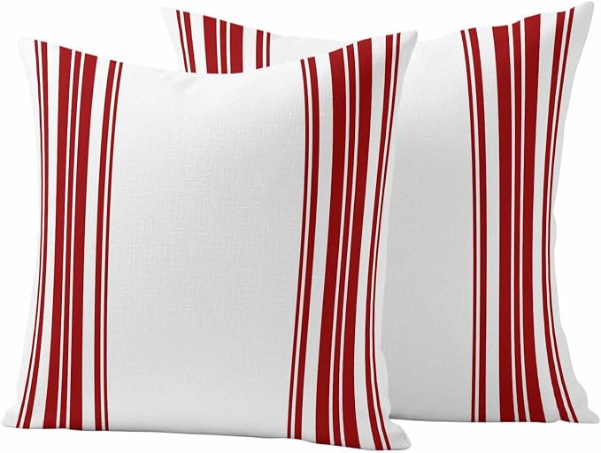 Outdoor Waterproof Throw Pillow Covers Set of 2 Red Stripes Pillowcases 24x24 Inches White Vertical Striped Decorative Pillows Cushion Case Patio Pillows for Couch Bed Chair Garden