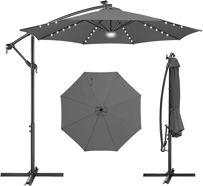 FLAME&SHADE 10ft Solar Cantilever Umbrella with 40 LED Lights, Lighted Large Offset Outdoor Patio Umbrellas, 8 Sturdy Ribs, UPF50+ UV Protection for Pool Deck Garden Yard, Anthracite