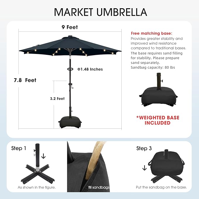 wikiwiki 9FT Solar Led Patio Umbrella with Base Included, 32 LED Lights, 8 Sturdy Ribs, Fade Resistant Waterproof POLYESTER DTY Canopy for Garden, Lawn, Deck, Backyard & Pool, Navy Blue