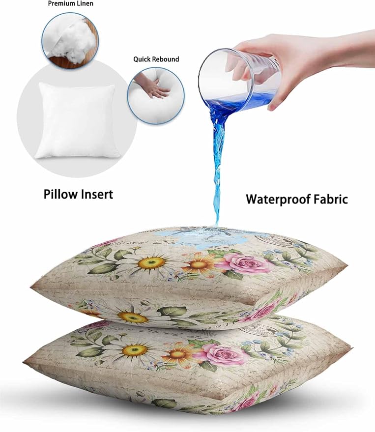 Outdoor Waterproof Throw Pillows Farmhouse Flower Leaf Wreath Patio Pillows Pack of 2,Decorative Pillow Covers with Insert,Pillow Cushion Case for Garden Couch Sofa Rustic Bee Retro Letter