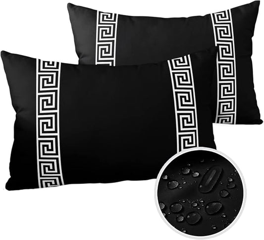 Funy Decor Waterproof Outdoor Throw Pillow Cover Geometric Greek Key Design Lumbar Pillowcases Set of 2 Black Decorative Patio Furniture Pillows for Couch Garden 20x12 inch