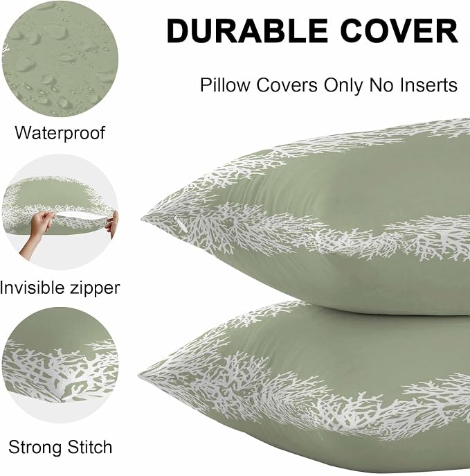 Vandarllin Outdoor Throw Pillows Covers 26x26 inch Set of 2 Waterproof Sage Green Coral Decorative Zippered Cushion Covers for Patio Furniture, Coastal Marine Life Lumbar Pillowcases
