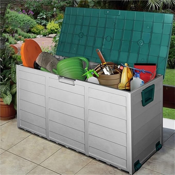 Plastic Outdoor Storage Box with Wheels, Movable Deck Box for Patio, Water-Resistant Tool Chest Cabinet, Portable Storage Bin for Garden, Yard and Balcony(Green)