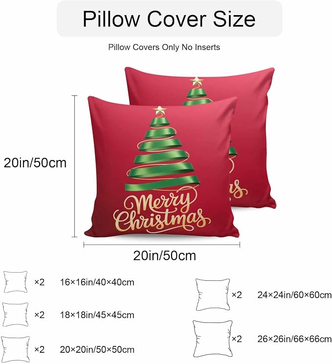 Red Christmas Tree Outdoor Pillow Covers 26 x 26 Inches, Green Xmas Tree with Star Waterproof Throw Pillow Cover Set of 2, Christmas Red Decorative Square Cushion Covers for Patio/Couch/Garden