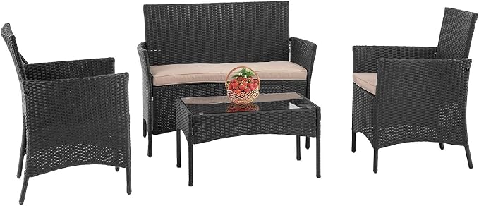 FDW Patio Furniture 4 Pieces Outdoor Indoor Use Rattan Chairs Wicker Conversation Sets for Backyard Lawn Porch Garden Balcony,Black