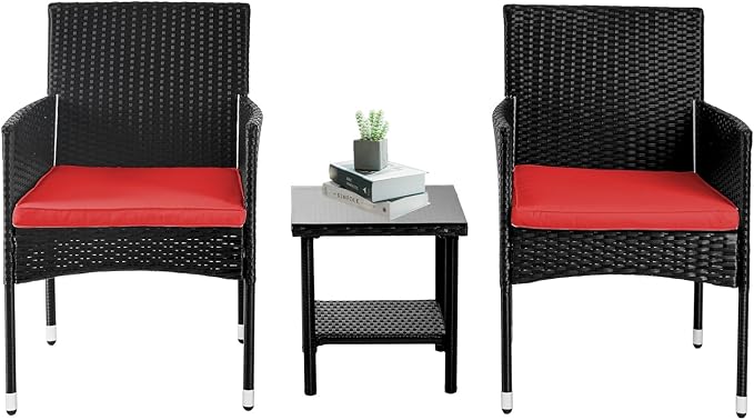 PayLessHere Set of 3 Outdoor Furniture Set Heavy Duty Patio Furniture Set Sturdy Conversation Set with 2 Rattan Chairs Glass Top Coffee Table Seat Cushions for Coffee Bar Poolside Patio Outdoor, Red