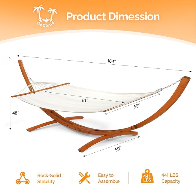 OnCloud Double Hammock Wood Arc Stand, Wooden Hammock W/Stand, Classic Natural Hammock Set for Yard, Garden (14 ft Set)
