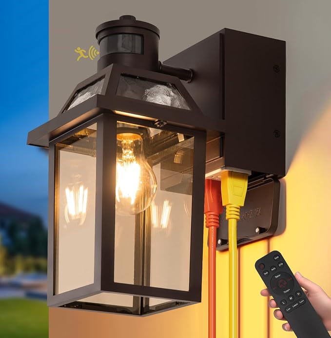 Porch Light with GFCI Outlet and Remote, Motion Sensor, Brown, 1 Pack | Dusk to Dawn Motion Sensor Outdoor Light 4 Lighting Modes Exterior Fixture Outside Lights for Porch Garage House