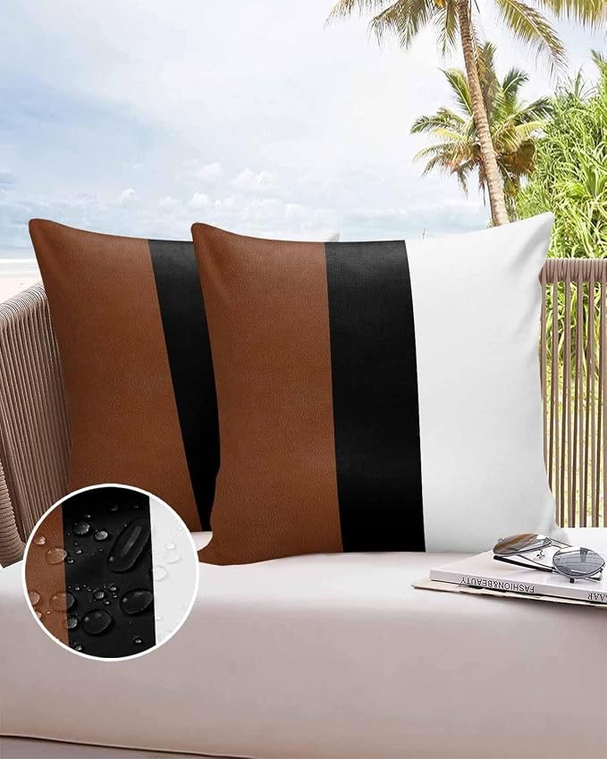 Outdoor Waterproof Throw Pillow Covers Set of 2 Brown Black Stripe Pillowcases 18x18 Inches Boho Style Patio Decorative Pillows Cushion Case Patio Pillows for Couch Bed Chair Garden