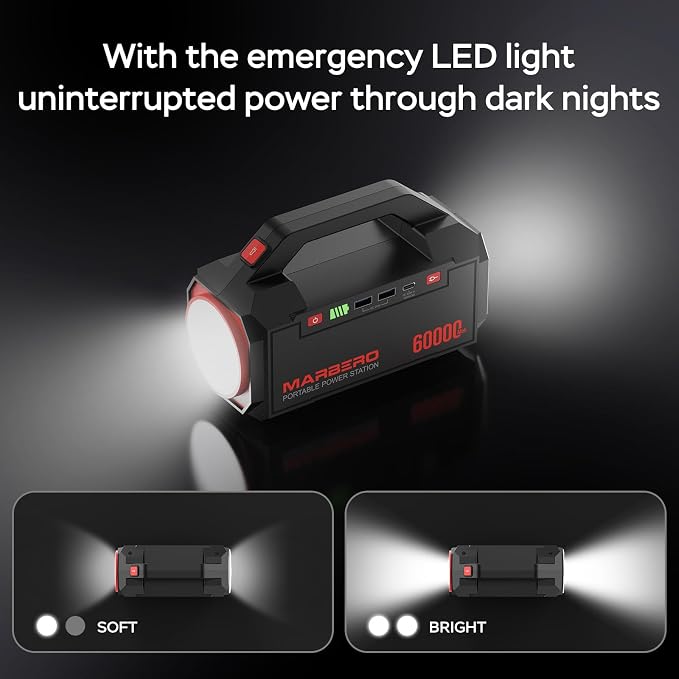 MARBERO Power Bank 60,000mAh Portable Power Station 222Wh with 60W PD Fast Charge & LED Light for Home Backup Outdoor Camping RV Travel and Emergency Power Supply