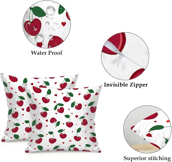 20x20 Inch Outdoor Pillow Covers Set of 2 Waterproof Throw Pillow Covers Decorative Couch Cushion Covers Cherry Leaf Fruit Square Pillowcases Protectors for Patio Garden Sofa