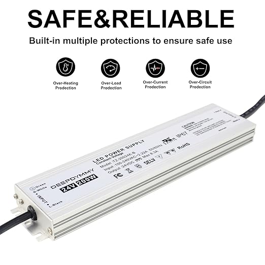 24V DC Power Supply 200W - Ultra Slim LED Driver Low Voltage Transformer with 3-Prong Plug & 3.3ft Cable, IP67 Waterproof for LED Strip Lights, Outdoor Lighting