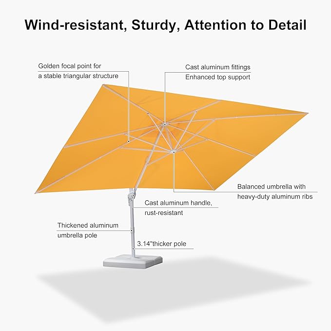 PURPLE LEAF 10' × 13' Patio Umbrella White Cantilever Umbrella Aluminum Square Outdoor Offset Umbrella Hanging Windproof with 360° Rotation for Garden Deck Pool, Yellow