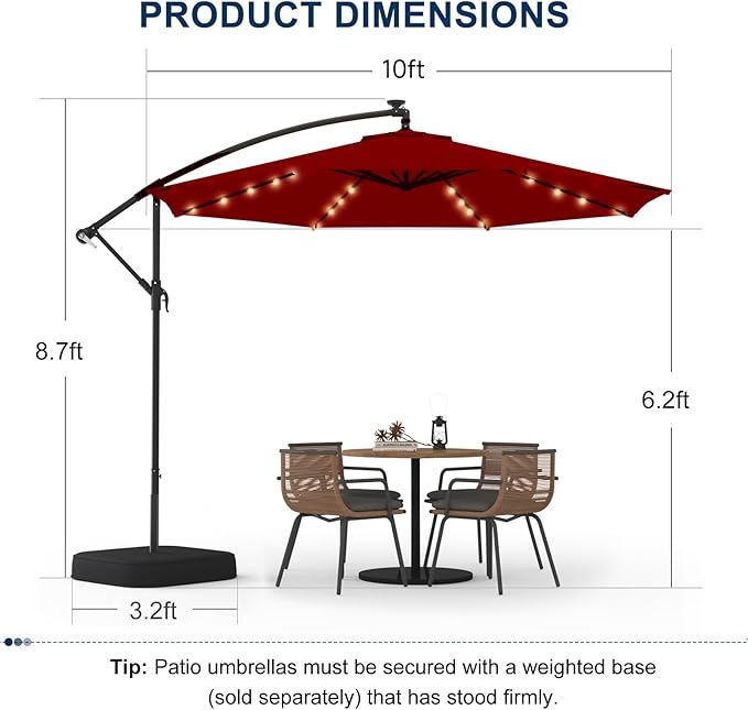 10FT 40-LED Solar Lighted Patio Umbrella with Base Included, Outdoor Offset Cantilever Umbrella, Infinite Tilt, UV Protection for Backyard, Lawn, Garden & Pool